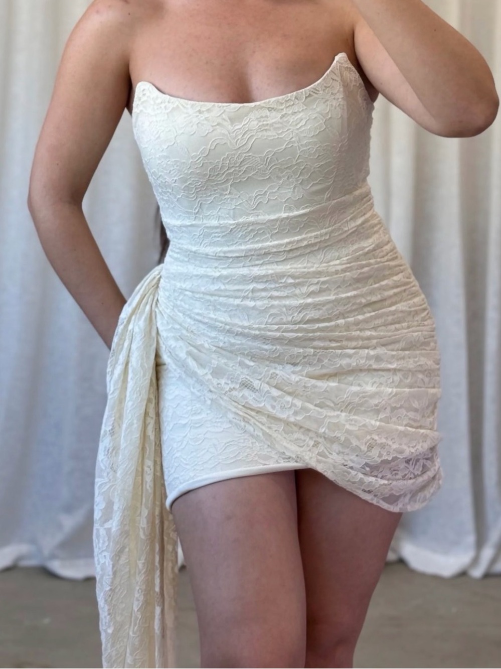 Ivory Lace Cowl Neck Mini Dress